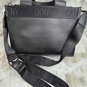 DKNY Black Leather Satchel with Branded Webbing Strap